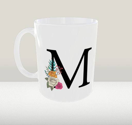 Taza personalizada inicial floral negro